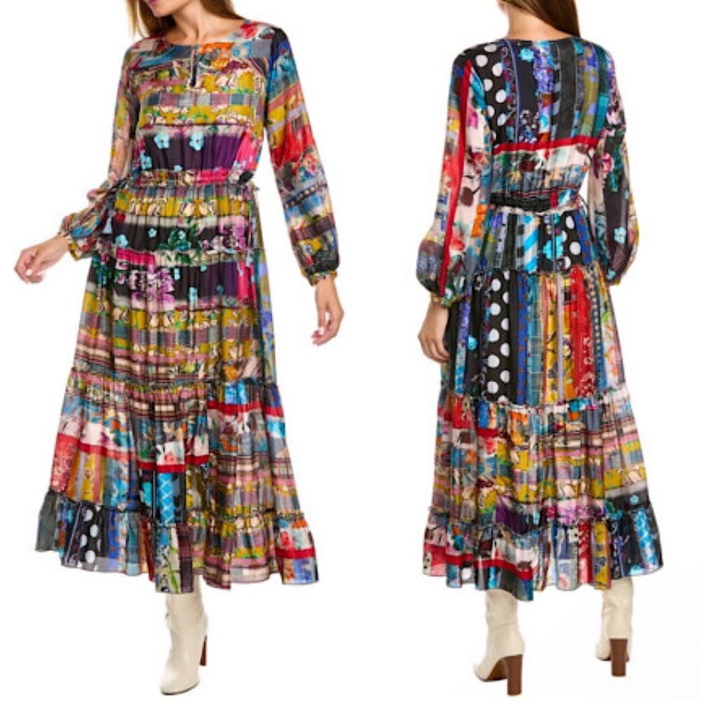 Johnny Was Sonnet Dixie Silk Patchwork Tiered Bohemian Dress Medium